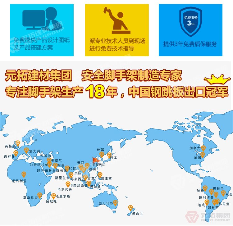 元拓建材集團(tuán)，安全腳手架制造專家！專注腳手架生產(chǎn)18年，中國鋼跳板出口冠軍！
